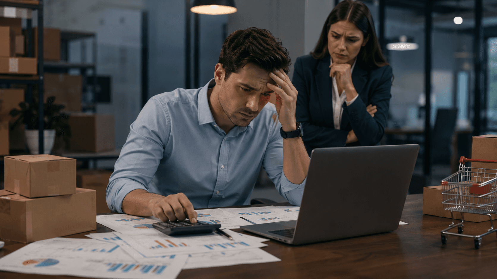 Renderização 3D realista de um ambiente corporativo e logístico B2B, com mesa de trabalho contendo laptop, calculadora, relatórios financeiros e gráficos de margem. Ao fundo, prateleiras de estoque e caixas de produtos sugerem uma operação de atacado ou distribuição. Os elementos visuais transmitem preocupação com rentabilidade e erros de precificação, com foco em análise de custos, margens e gestão comercial. Iluminação profissional, profundidade de campo suave, aparência moderna e empresarial, sem textos visíveis na imagem.