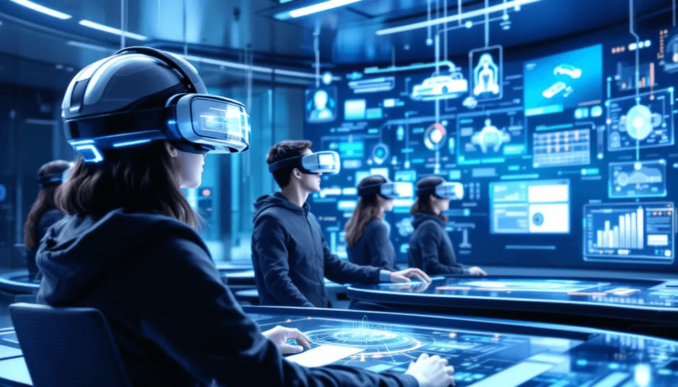 L'image montre un scénario de formation futuriste où des apprenants portent des casques de réalité virtuelle, interagissant avec des interfaces d'apprentissage alimentées par l'IA. Ce cadre illustre l'approche du micro apprentissage, permettant aux utilisateurs d'acquérir des connaissances via des modules courts et dynamiques, adaptés aux besoins des entreprises.