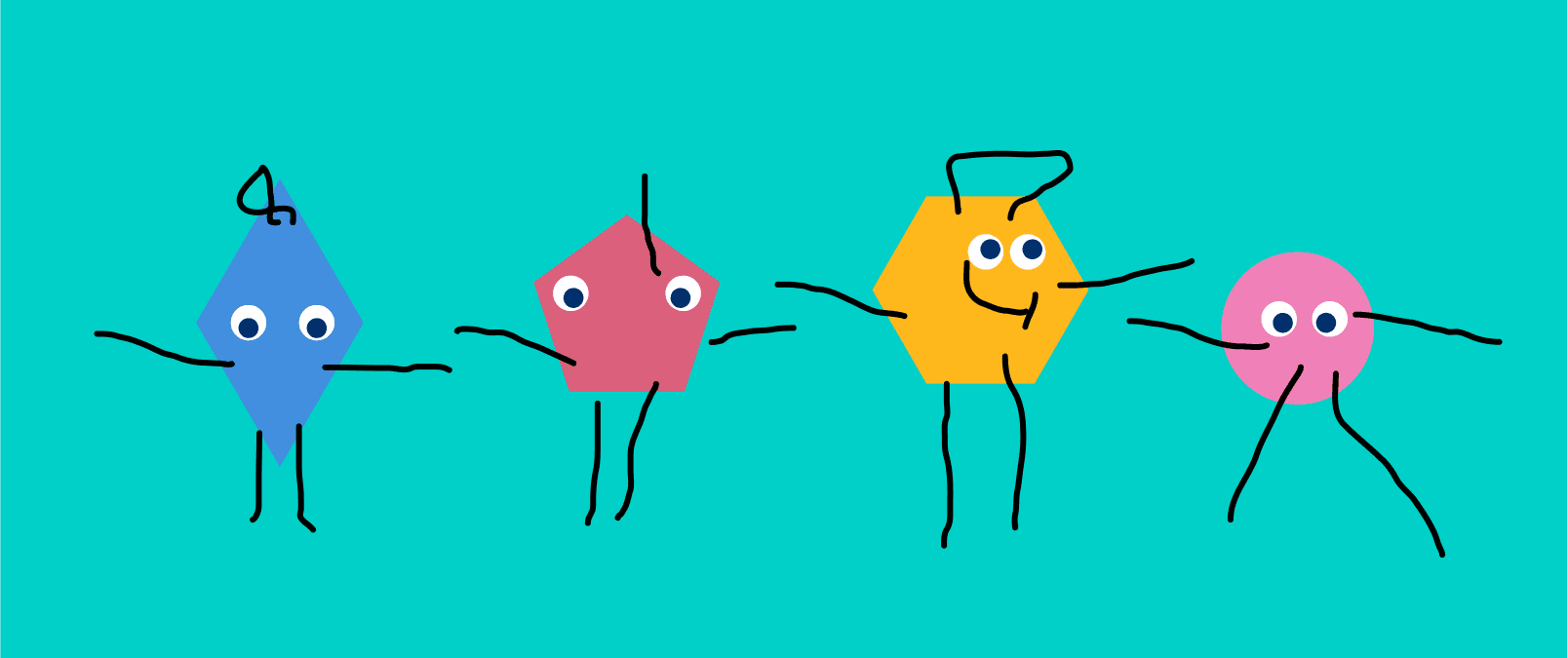 Illustration of happy shapes with googly eyes with arms and legs that look like they were drawn by a 4 year old (because they were).