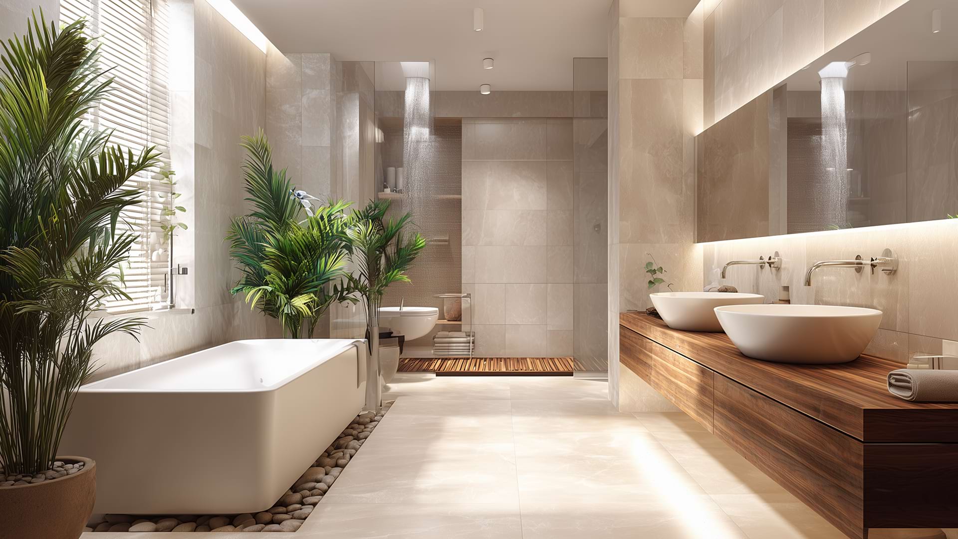 Elegant, spacious bathroom with a freestanding tub, twin vanities on a wooden counter, and green plants. Soft lighting and neutral tones create a serene atmosphere.