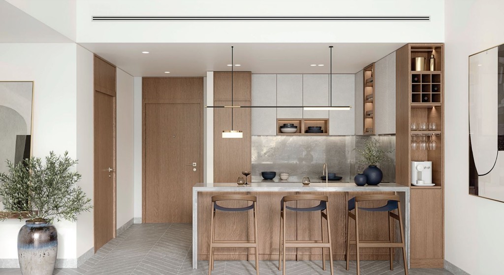 Contemporary kitchen with wooden cabinetry and a bar area, highlighting the Crestmark's elegant style.
