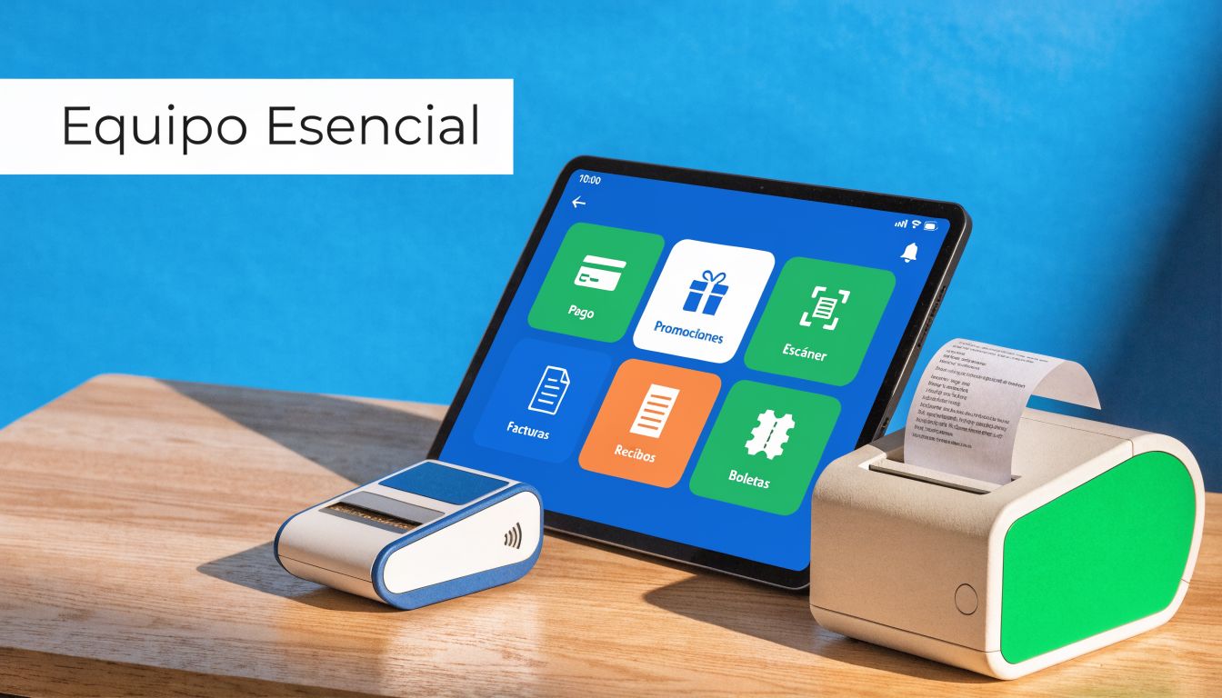 Dispositivos electrónicos para punto de venta, incluyendo una tablet, una impresora y un lector de tarjetas inalámbrico.