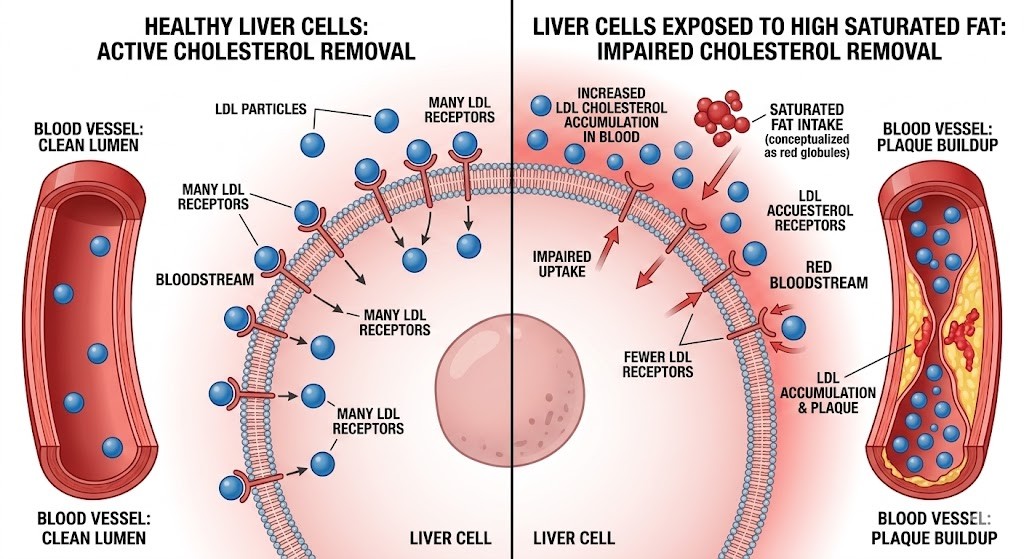 A scientific medical illustration comparing healthy liver function versus one affected by high saturated fat. The left panel shows healthy liver cells with abundant LDL receptors actively removing LDL cholesterol from the bloodstream for clean arteries. The right panel shows liver cells with reduced LDL receptors due to high saturated fat, leading to increased LDL cholesterol accumulation in a blood vessel with plaque.