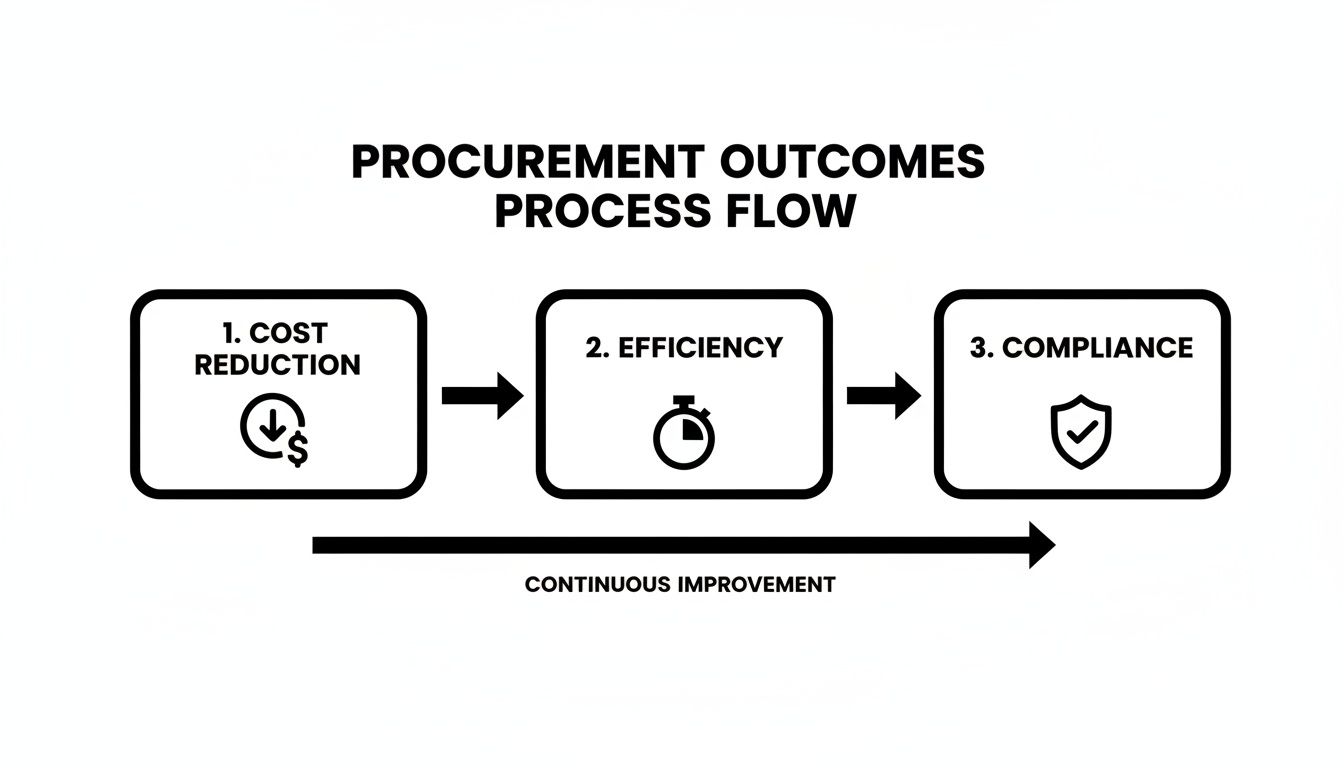 Diagram illustrating procurement outcomes: cost reduction, efficiency, and compliance, driven by continuous improvement.