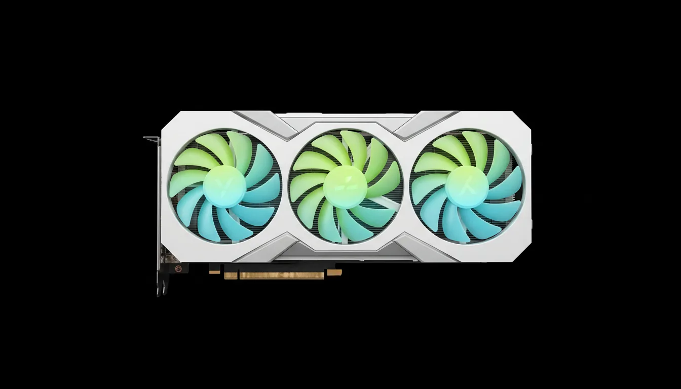 Professional studio product photography of a modern, white GPU, presented in a flat, straight-on view and isolated against a stark black background. The graphics card features an angular, geometric shroud made of matte white material with silver-grey accents. Three large cooling fans are the main focus, their translucent, curved blades glowing from an internal light source, creating a smooth color gradient from a vibrant chartreuse green to a cool cyan blue. Soft studio lighting provides crisp, even illumination, highlighting the metallic heatsink fins beneath the fans and the gold contacts of the PCI-e connector.