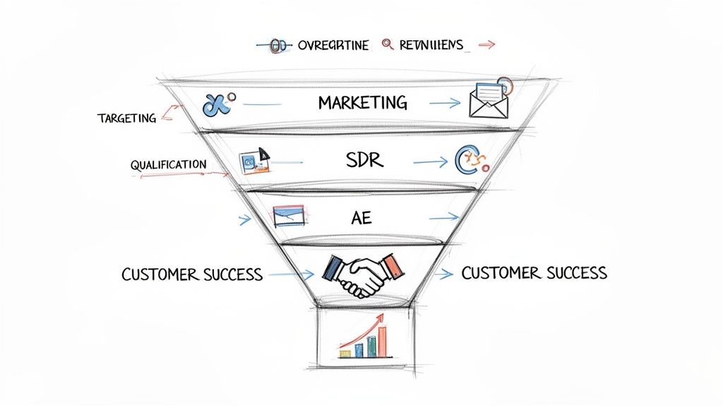 A hand-drawn sales funnel diagram illustrating the customer journey from marketing to customer success and growth.