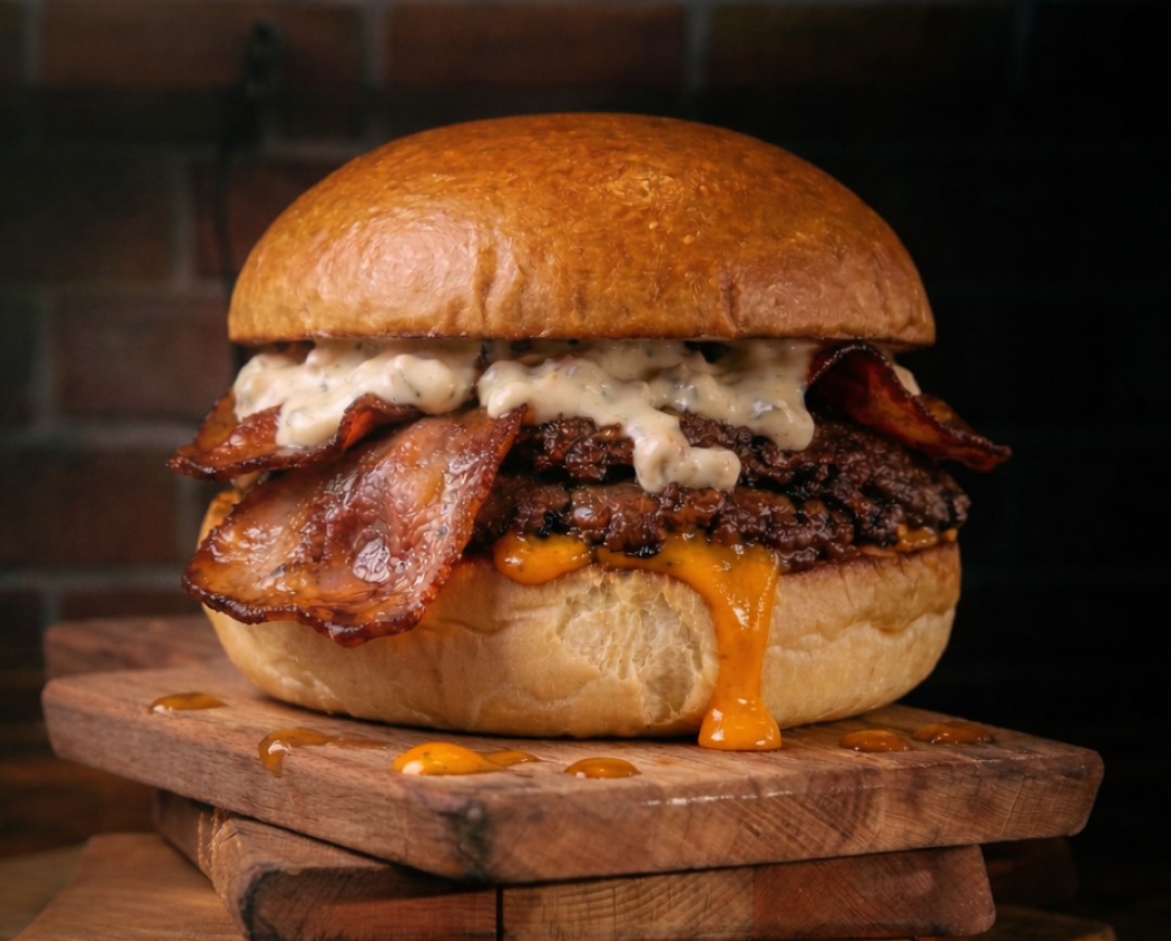 Tom C. Pan Brioche con queso cheddar, bacon crujiente, cebolla crispy y salsa BBQ. Siempre ha sido nuestro top ventas.