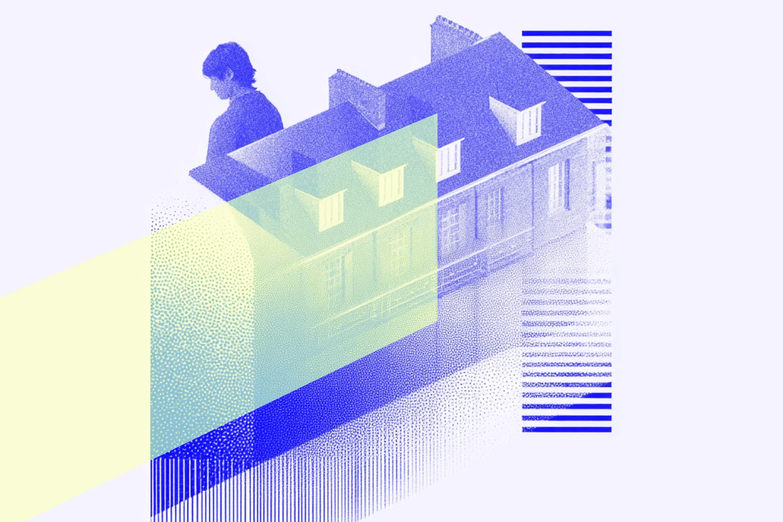 A stylized, abstract representation of a house with overlapping geometric patterns in blue and yellow, accompanied by a silhouetted figure, symbolizing property management and rental software solutions.