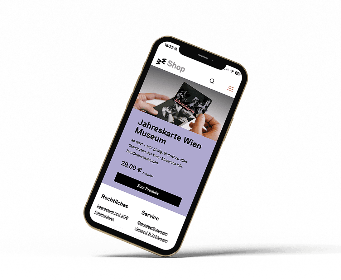 Smartphone-Mockup der mobilen Wien Museum Website mit Ausstellungsseite und Ticketbereich