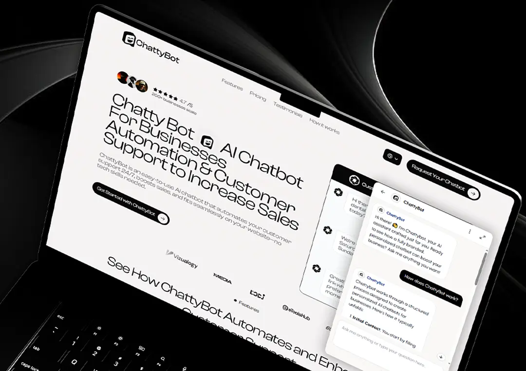 A vibrant screenshot of the ChattyBot homepage, showcasing a sleek AI chatbot interface with a modern design, featuring a call-to-action button and branding elements.