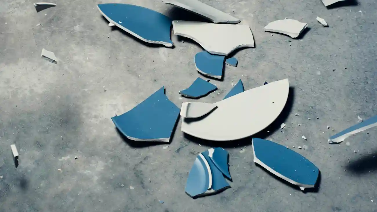Broken blue and white pieces scattered across a grey floor, representing common sponsorship acquisition mistakes, failed processes and avoidable pitfalls for sports clubs.