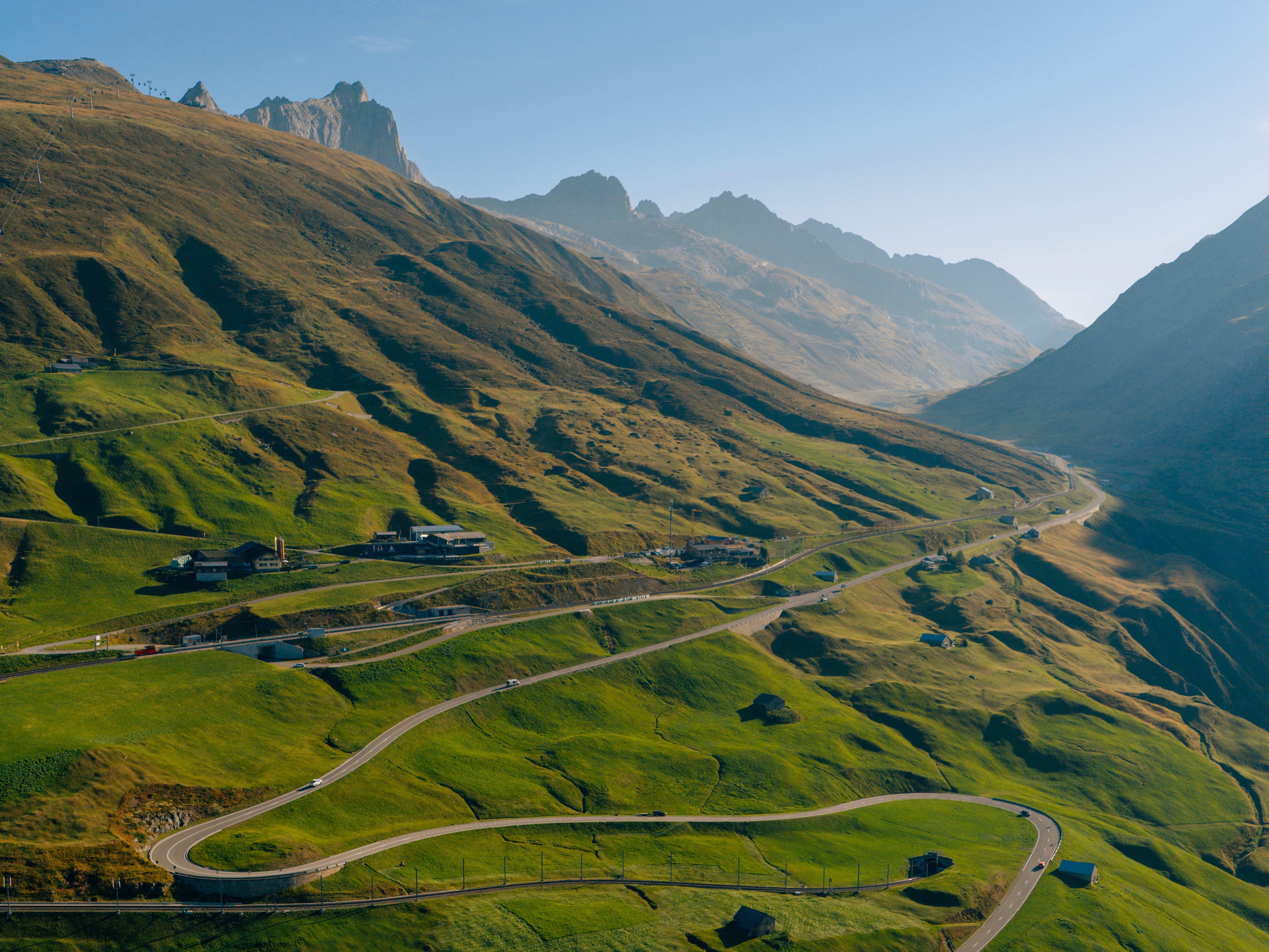Sweeping aerial view of the Oberalp Pass in the Swiss Alps