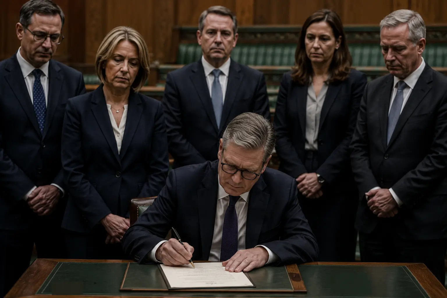 a man sits at a desk signing paper while a group of people in suits behind him watches