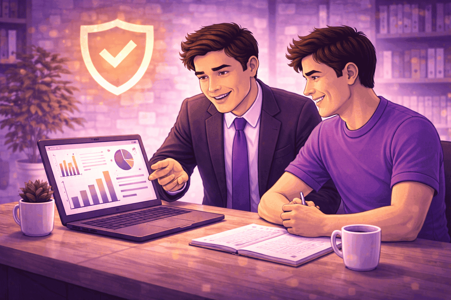 Leader sitting beside an employee reviewing productivity charts on a laptop, both smiling while discussing performance metrics with a security shield icon in the background representing trust.