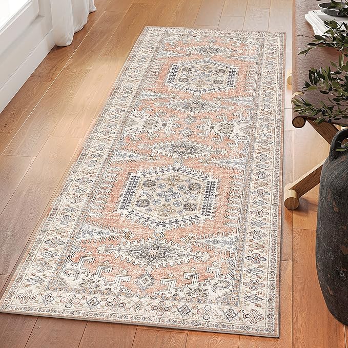 Peach runner rug adds a stylish touch to home decor.