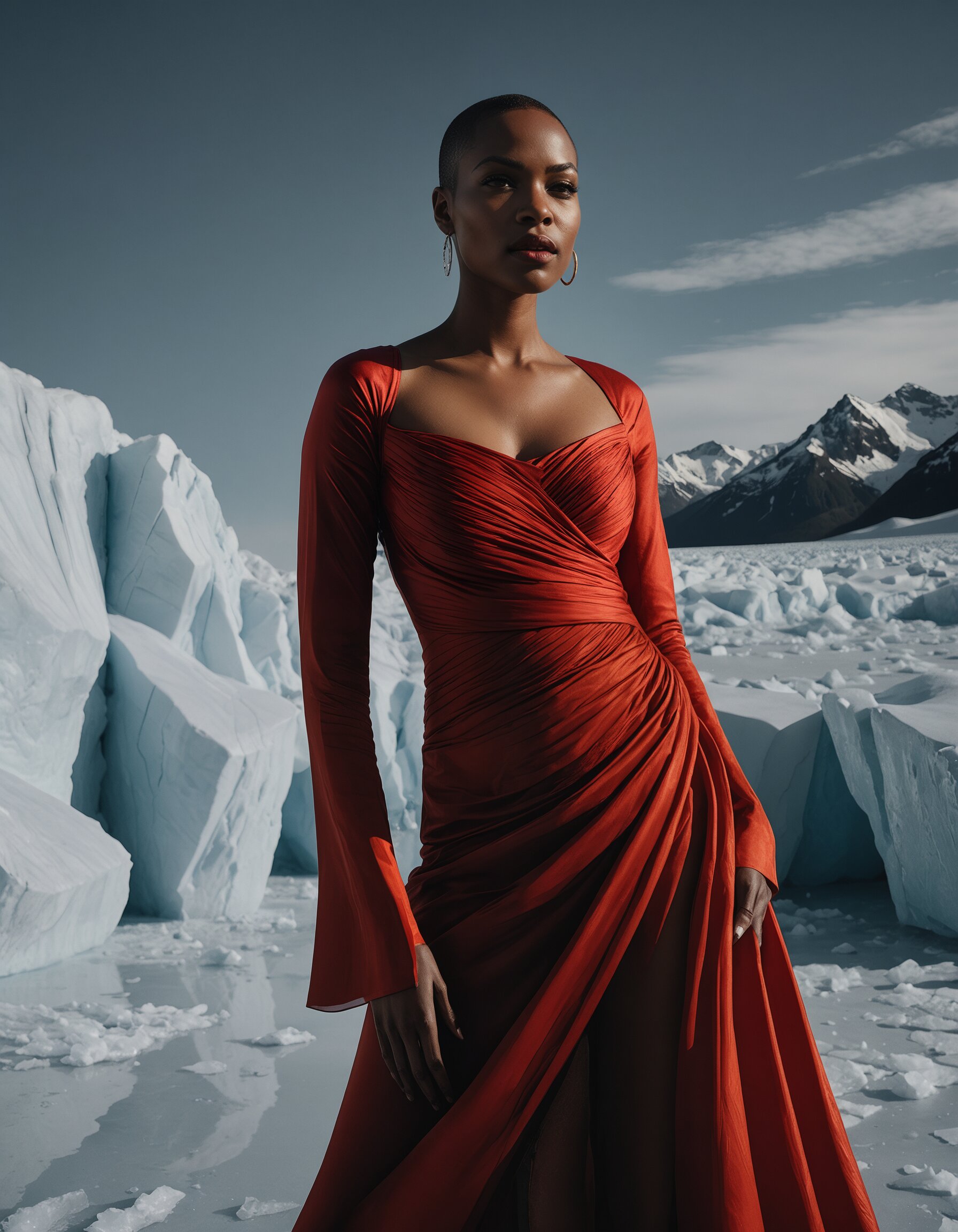 Woman in a red gown posed against glacial ice formations