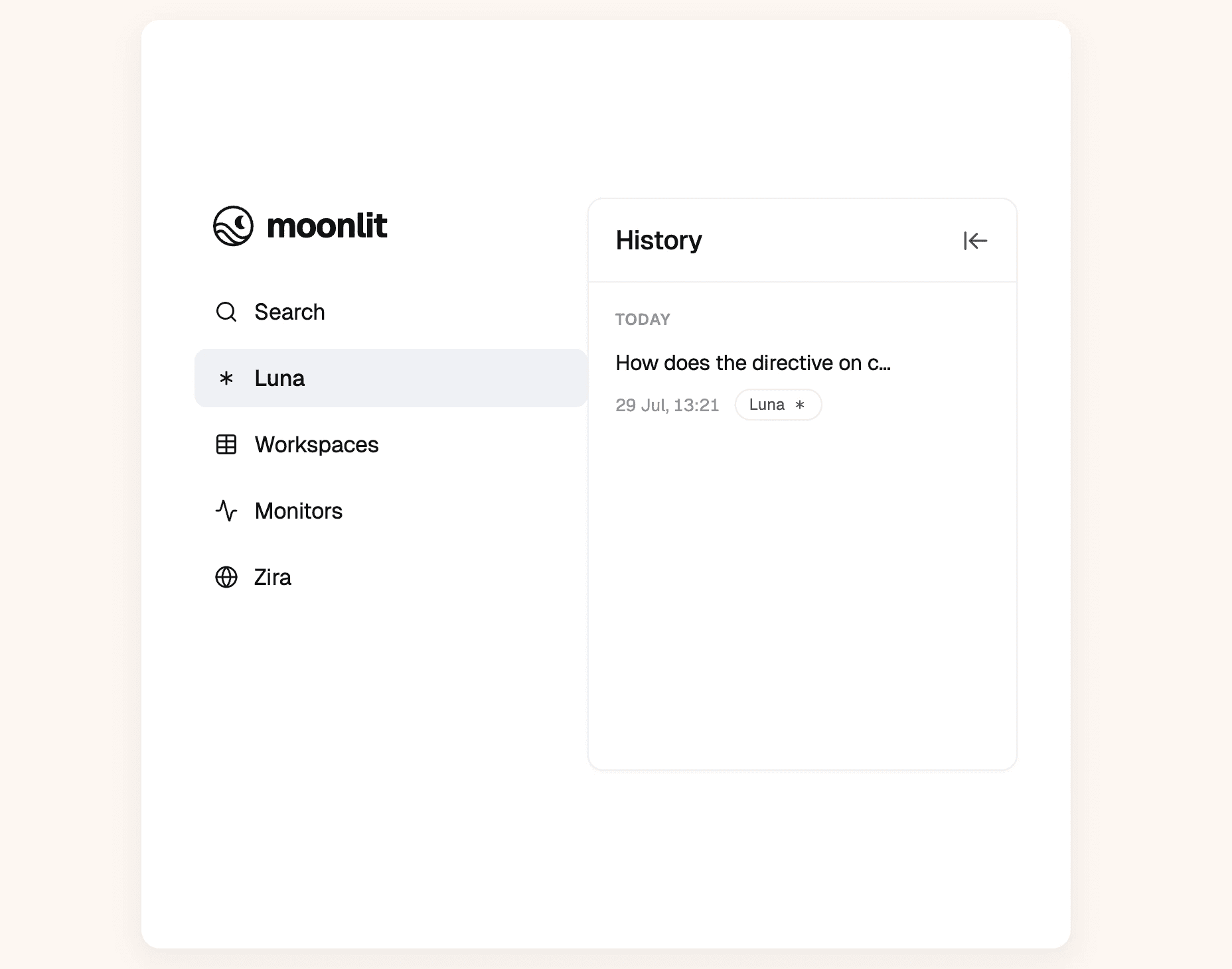Moonlit sidebar with the new Luna conversation history panel open