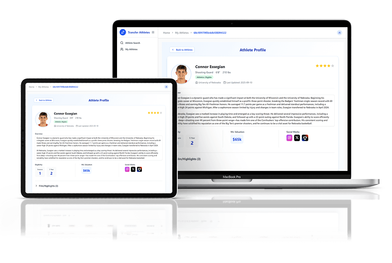 Detailed athlete profile in Transfer Athletes transfer portal platform showing verified stats, film highlights, and eligibility details.