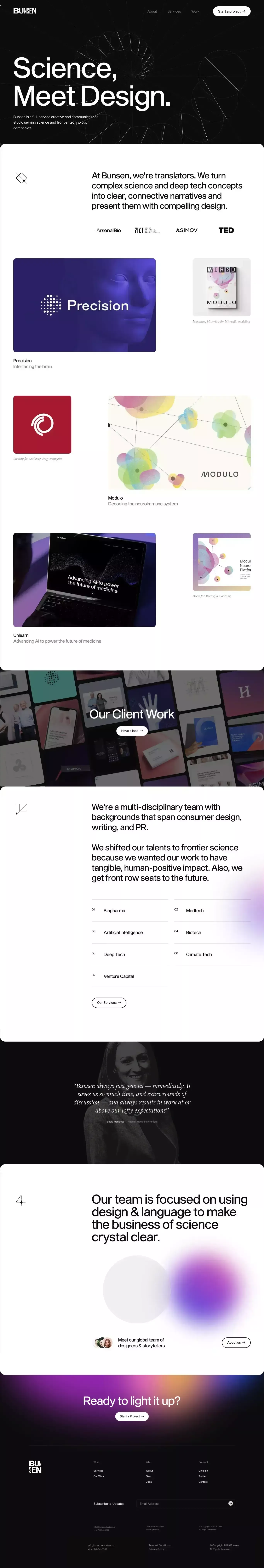 Bunsen Studio portfolio page screenshot showcasing Design and Tech design