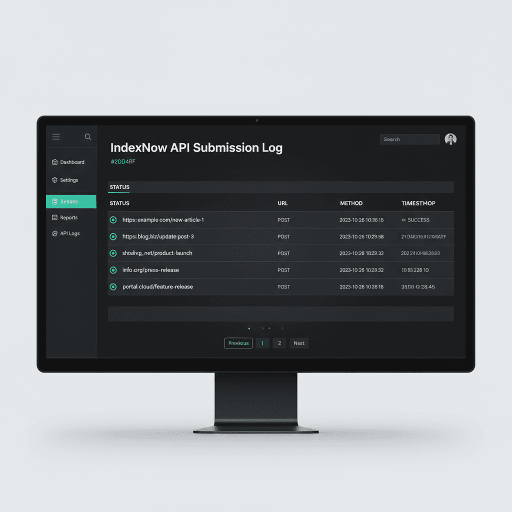 IndexNow API dashboard displaying successful URL indexing submissions