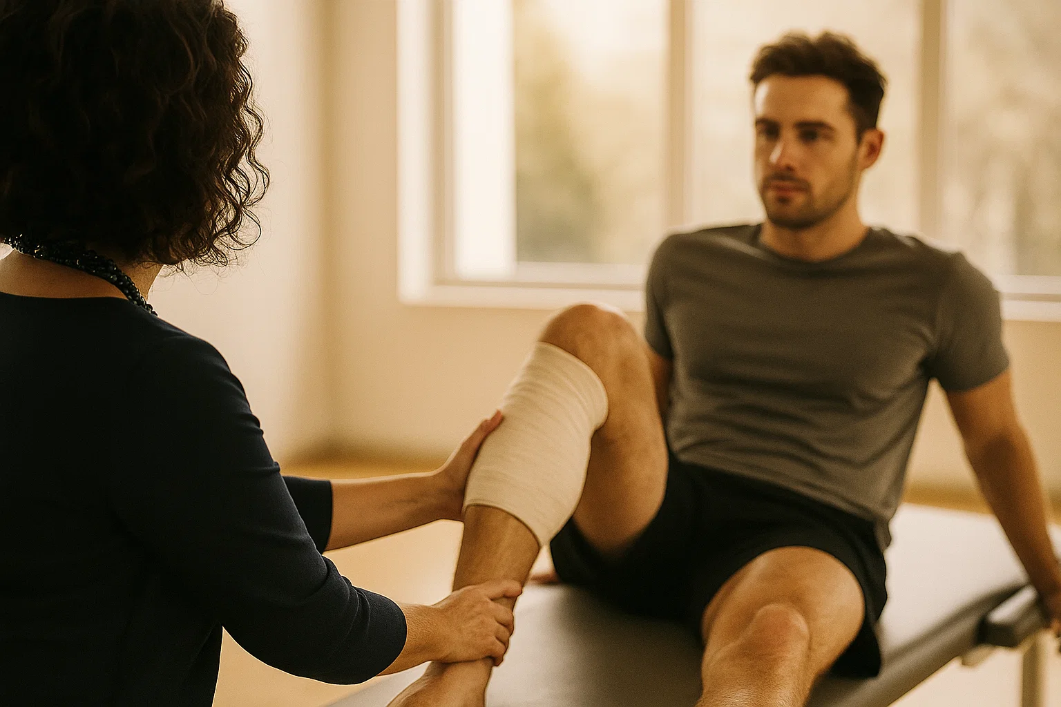 a man getting his leg examined by a doctor