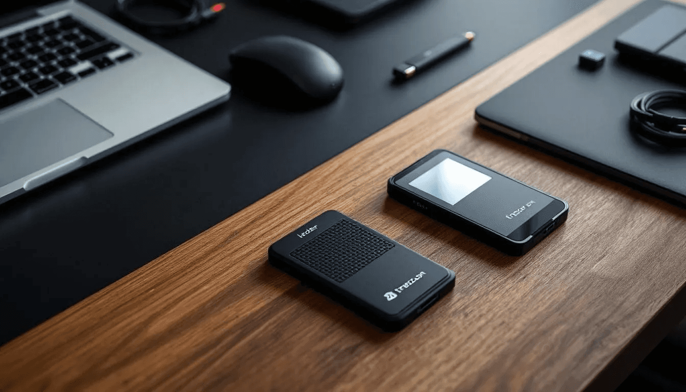 The image displays various hardware wallet devices, including Ledger and Trezor models, arranged on a desk, showcasing their physical designs and interfaces. These cryptocurrency hardware wallets are essential for securely storing private keys offline, protecting digital assets from online threats.
