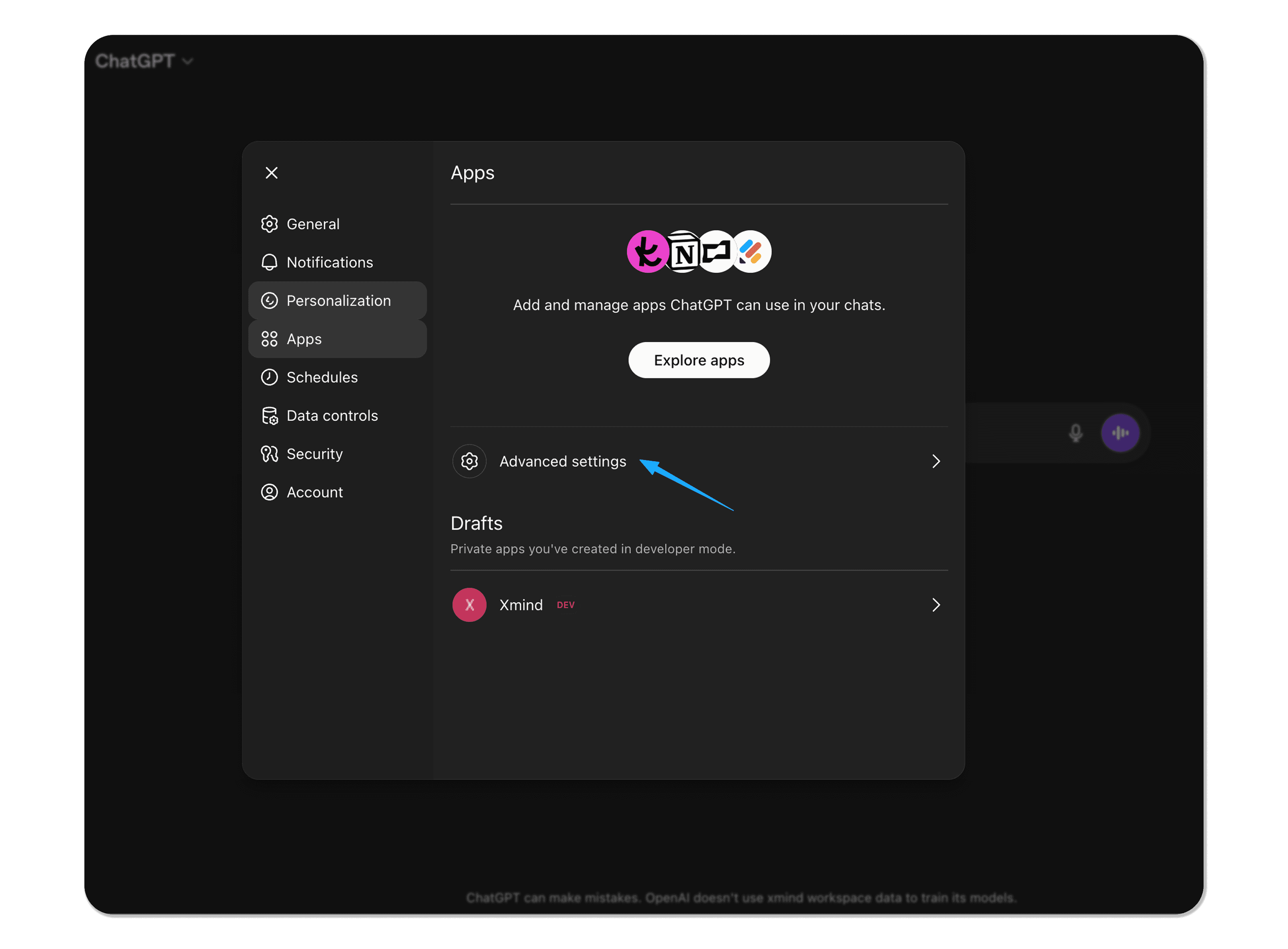 ChatGPT Settings page showing the Apps section to add MCP.