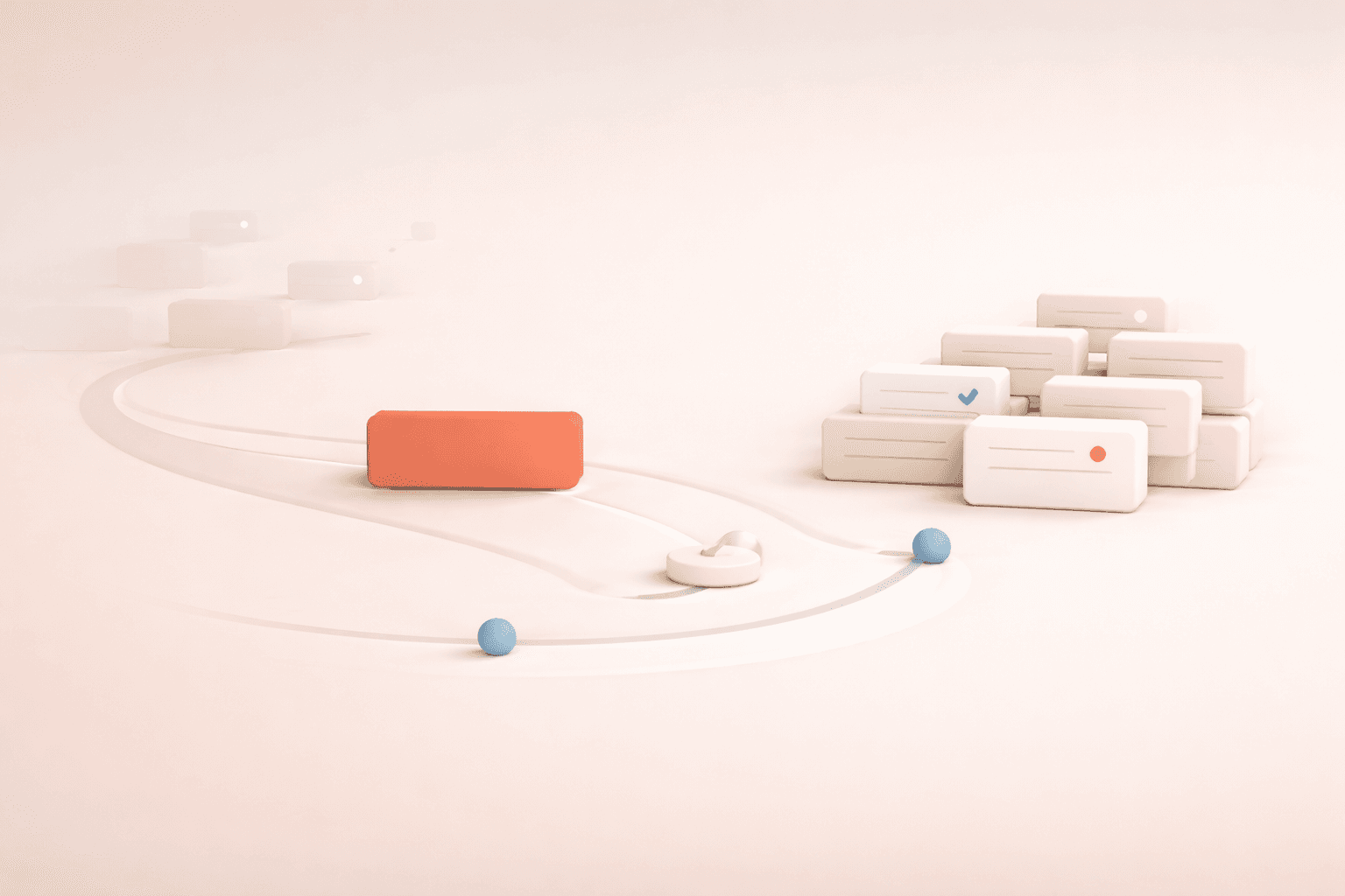 Minimalistische 3D-Illustration eines strukturierten E-Mail-Workflows: Eine korallfarbene Fokuskarte bewegt sich entlang eines klaren Pfads, während daneben ein geordneter Stapel heller E-Mail-Karten liegt, von denen einige als erledigt markiert sind und andere hervorgehoben bleiben; ein kleines Aufgabenelement wechselt sichtbar vom Posteingang in den Arbeitsfluss, ergänzt durch dezente Zeit- und Sortiersymbole auf warmem cremefarbenem Hintergrund.