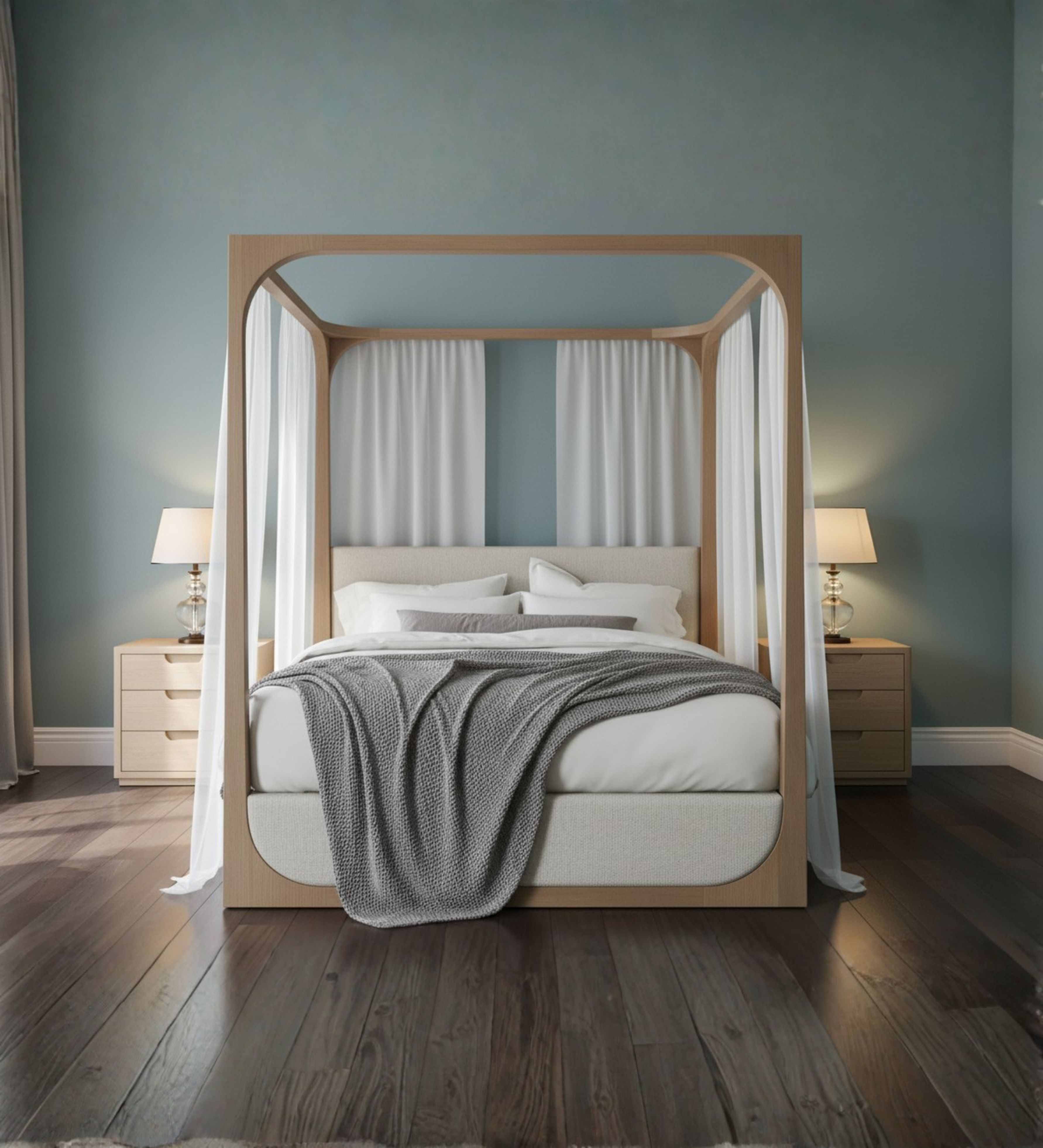 Canopy bed with light wooden frame and softly rounded corner posts