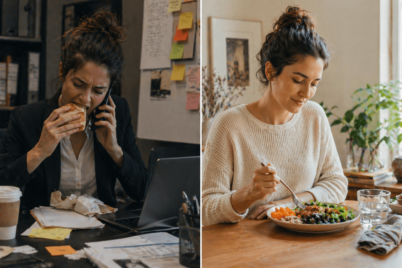 Woman eating mindfully versus eating on autopilot — the real before and after of intuitive eating