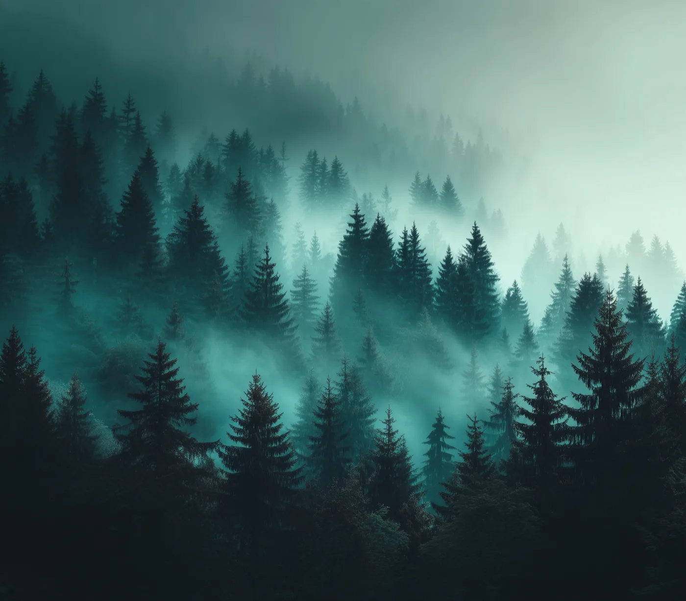 Dense Carpathian spruce forest in morning mist, layers of dark green treetops dissolving into teal fog