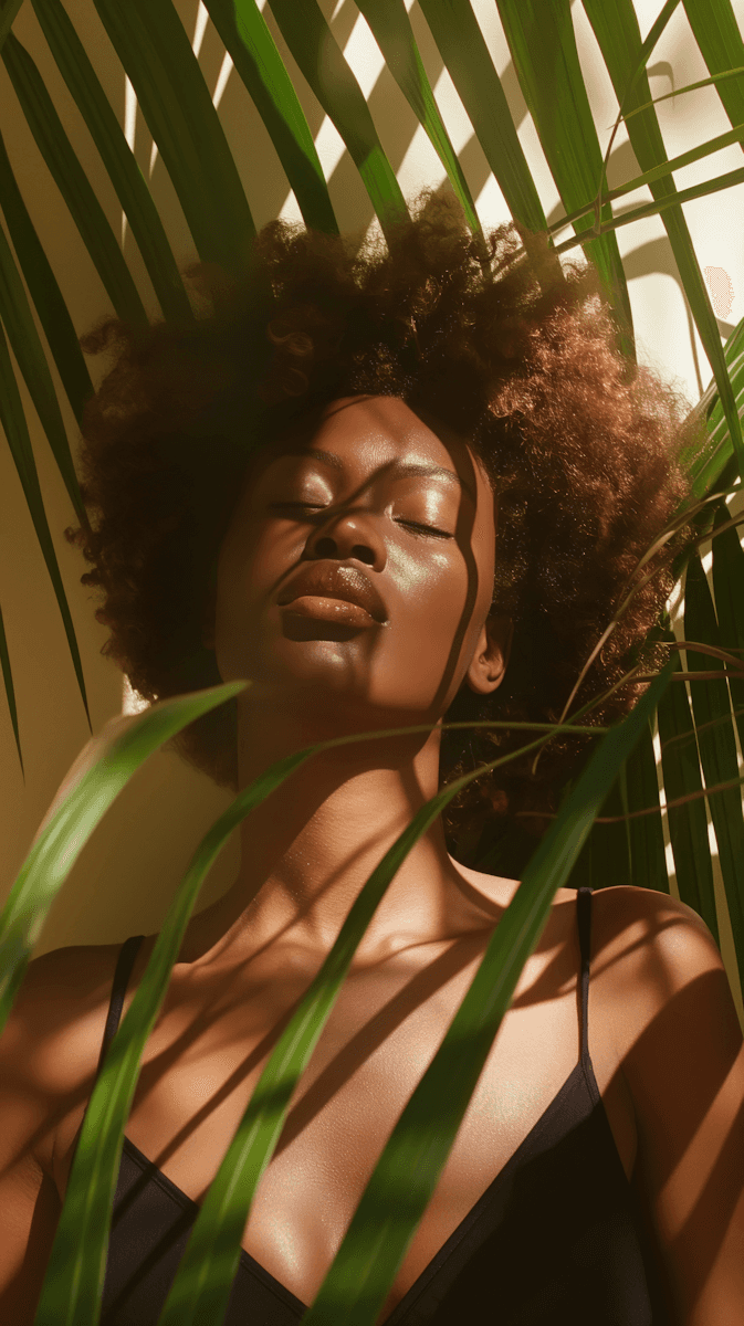 Smiling woman eats fresh salad bowl surrounded by green herbs.