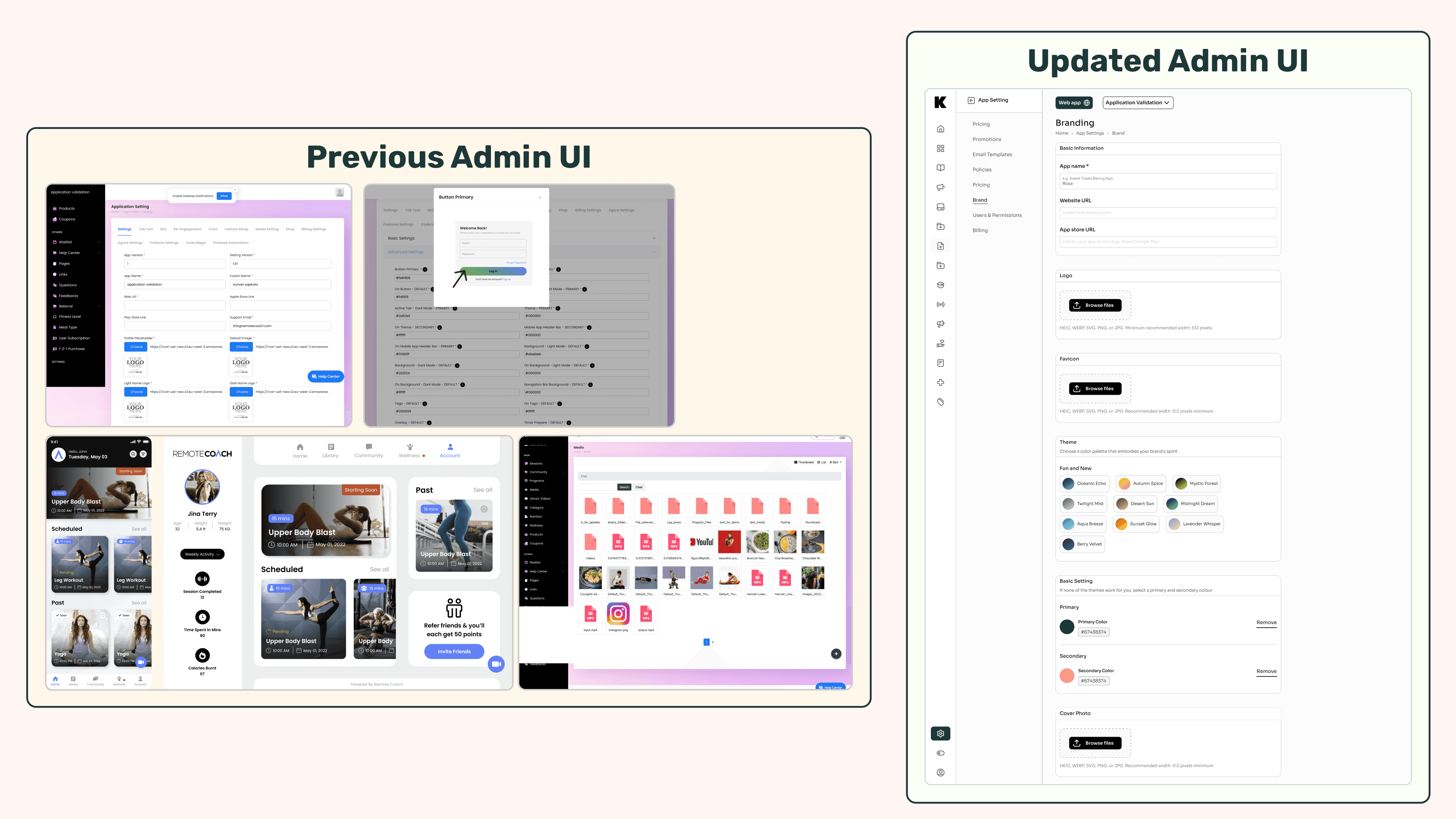 RemoteCoach-era admin screens beside the rebuilt Kliq admin console