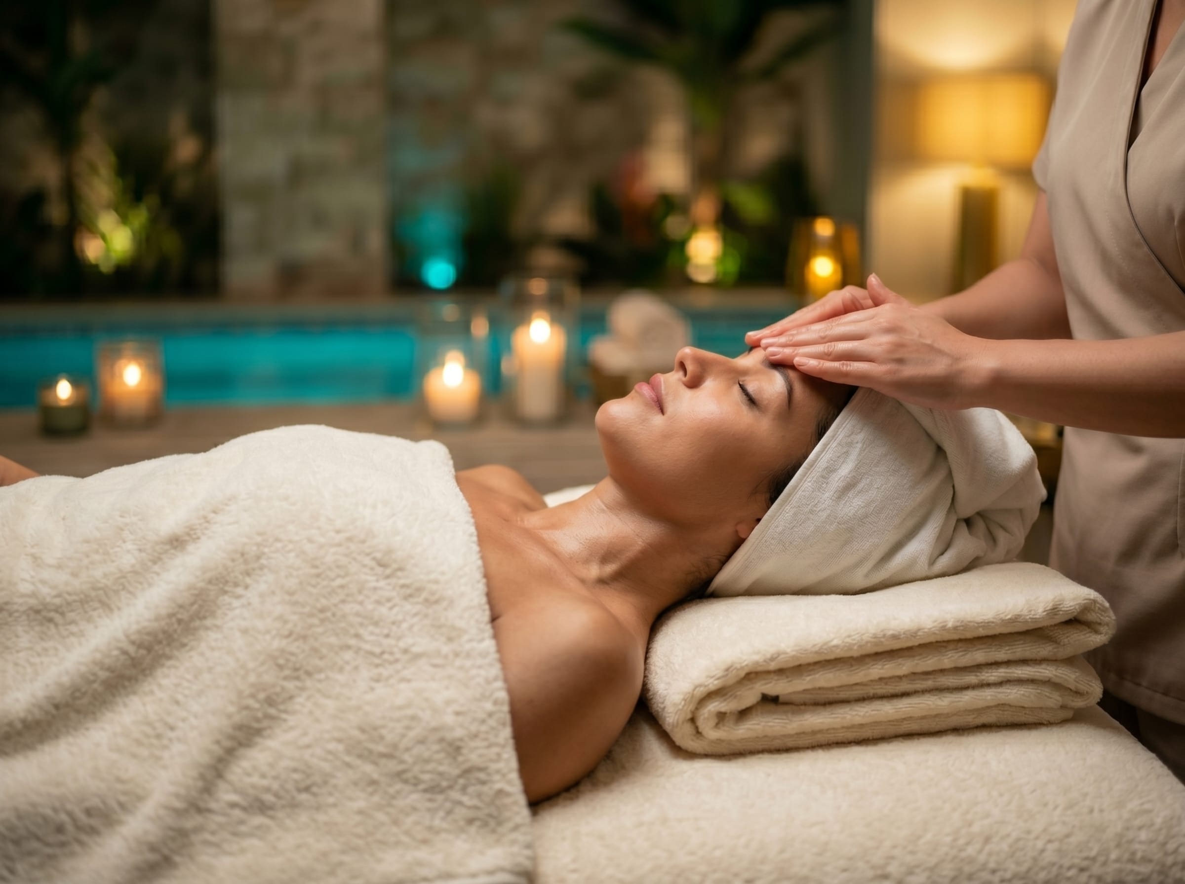 Facial massage treatment at luxury spa with candles and soft lighting