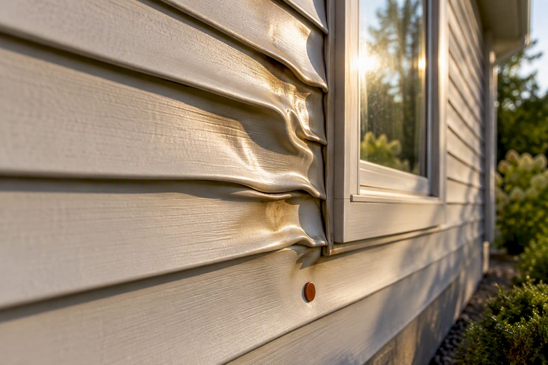Warped vinyl siding beside reflective window