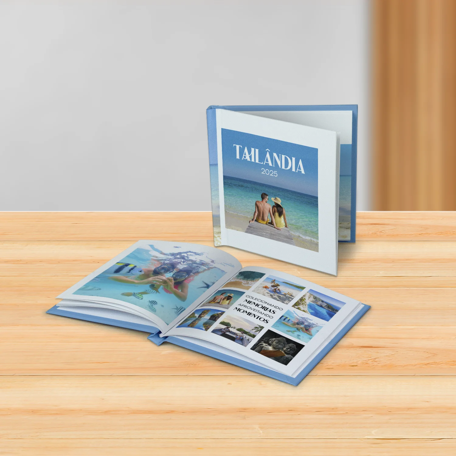 Pessoa segurando fotolivro com foto de mulher sorrindo ao ar livre, com a frase “Eu amo o Norte” escrita no canto da imagem