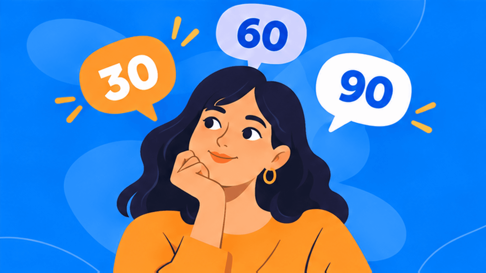 Замислена жінка та бульбашки з числами 30, 60 і 90 на синьому тлі.