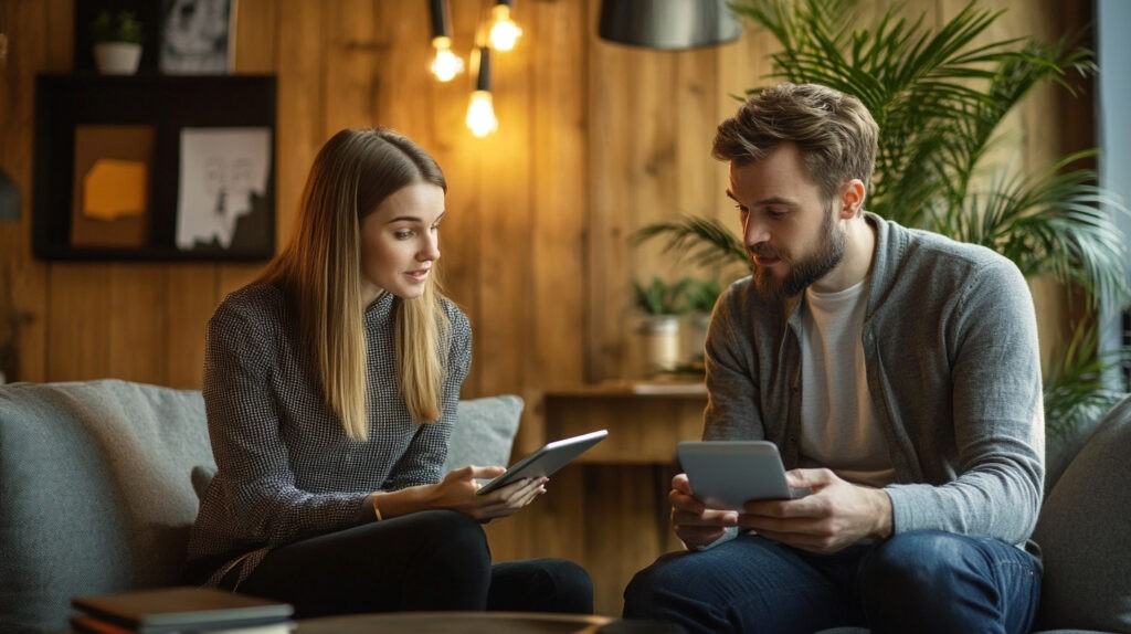 A candid moment during a personalized sleep coaching session, featuring a man and a woman engaged in discussion with tablets, emphasizing the importance of tailored sleep strategies for optimal health.