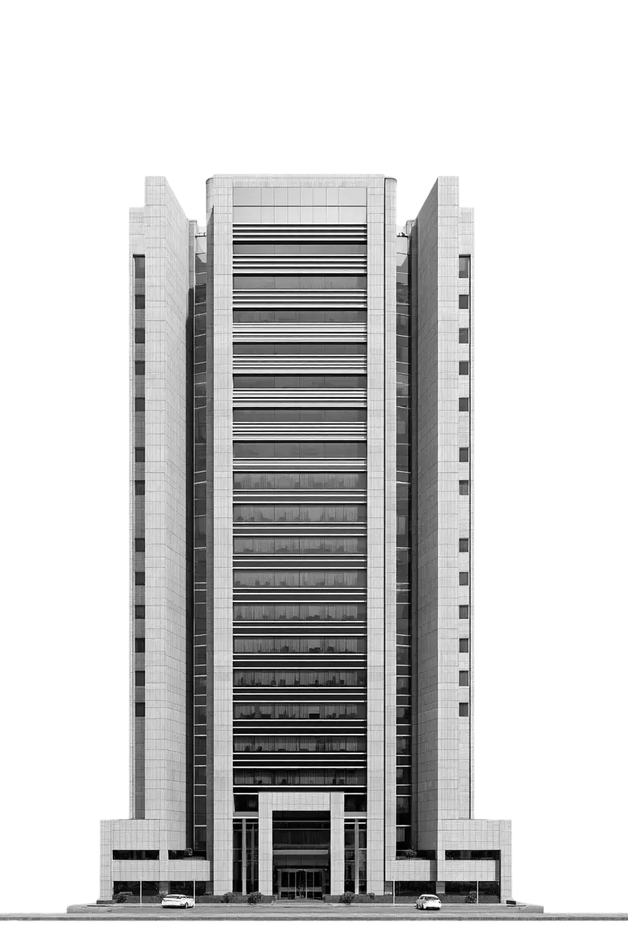 Tour de bureaux symétrique avec volumes latéraux massifs et grande entrée monumentale en façade.