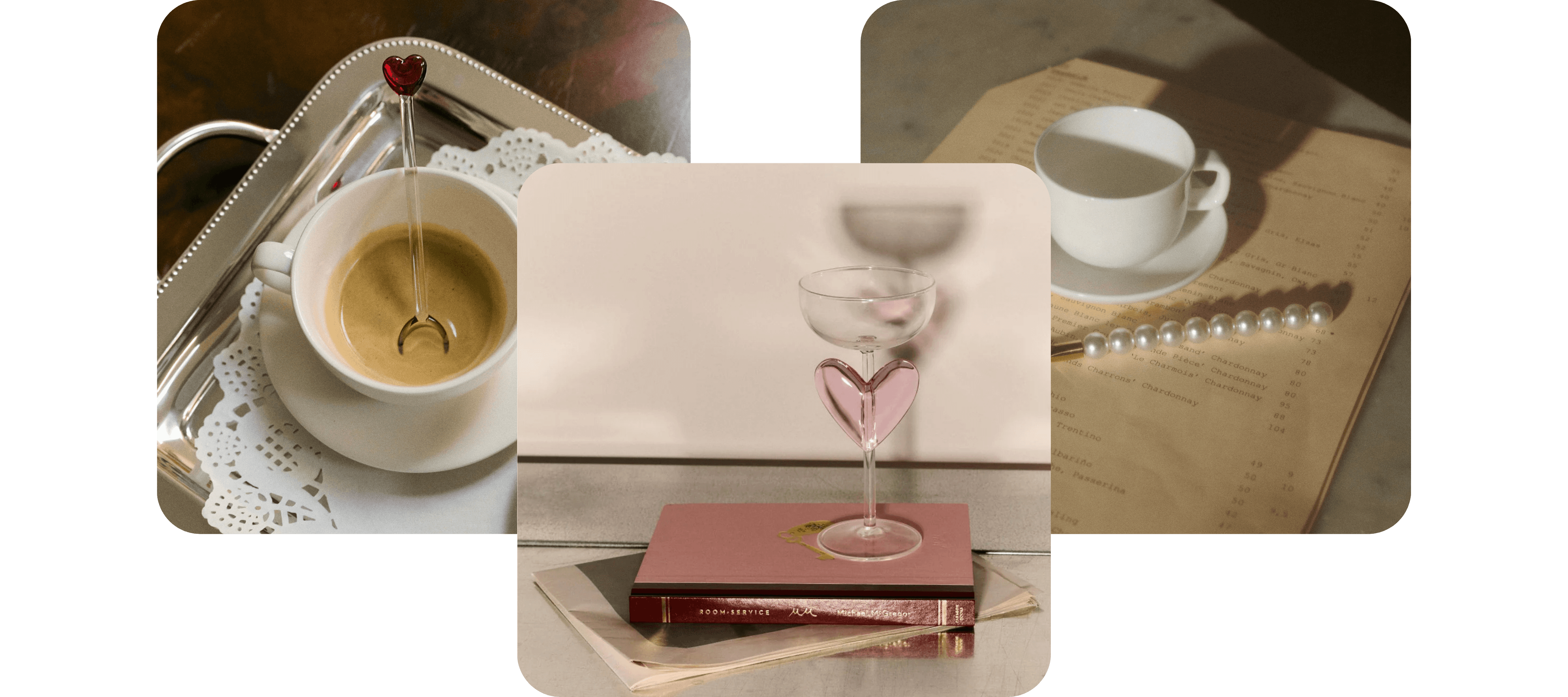 Collage de vaisselle et de verrerie Lepelclub, avec une tasse à café accompagnée d’une cuillère en forme de cœur, un verre coupe avec un détail cœur rose et un élégant ensemble tasse et soucoupe décoré de perles.