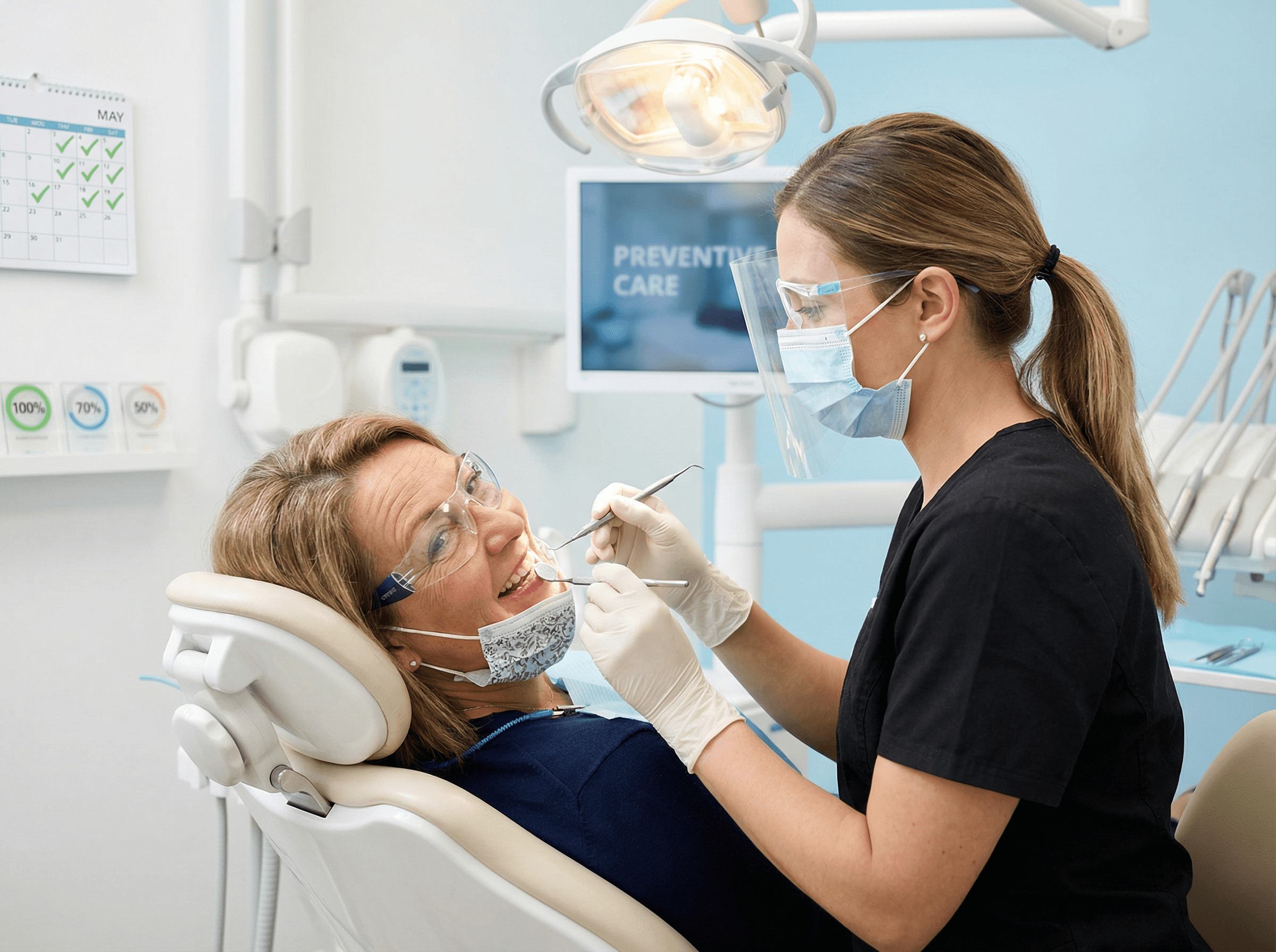 patient receiving preventive dental cleaning appointment for routine insurance covered care in modern dental office