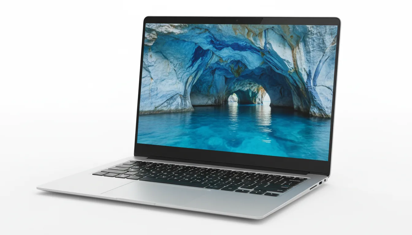 DSLR product photography of a modern, premium silver and black laptop, open and facing the camera against a seamless white studio background. Soft studio lighting illuminates the device, highlighting the textured dark keyboard deck and thin-bezel screen. The display shows a vibrant, high-resolution image of a marbled blue and white rock cave over clear turquoise water. The entire laptop is in sharp focus, capturing a clean, professional aesthetic.