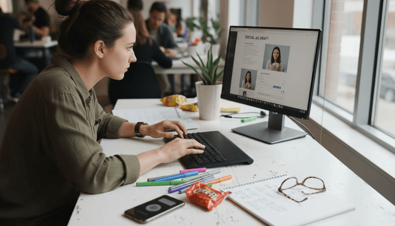 Designer making ad creative at shared desk