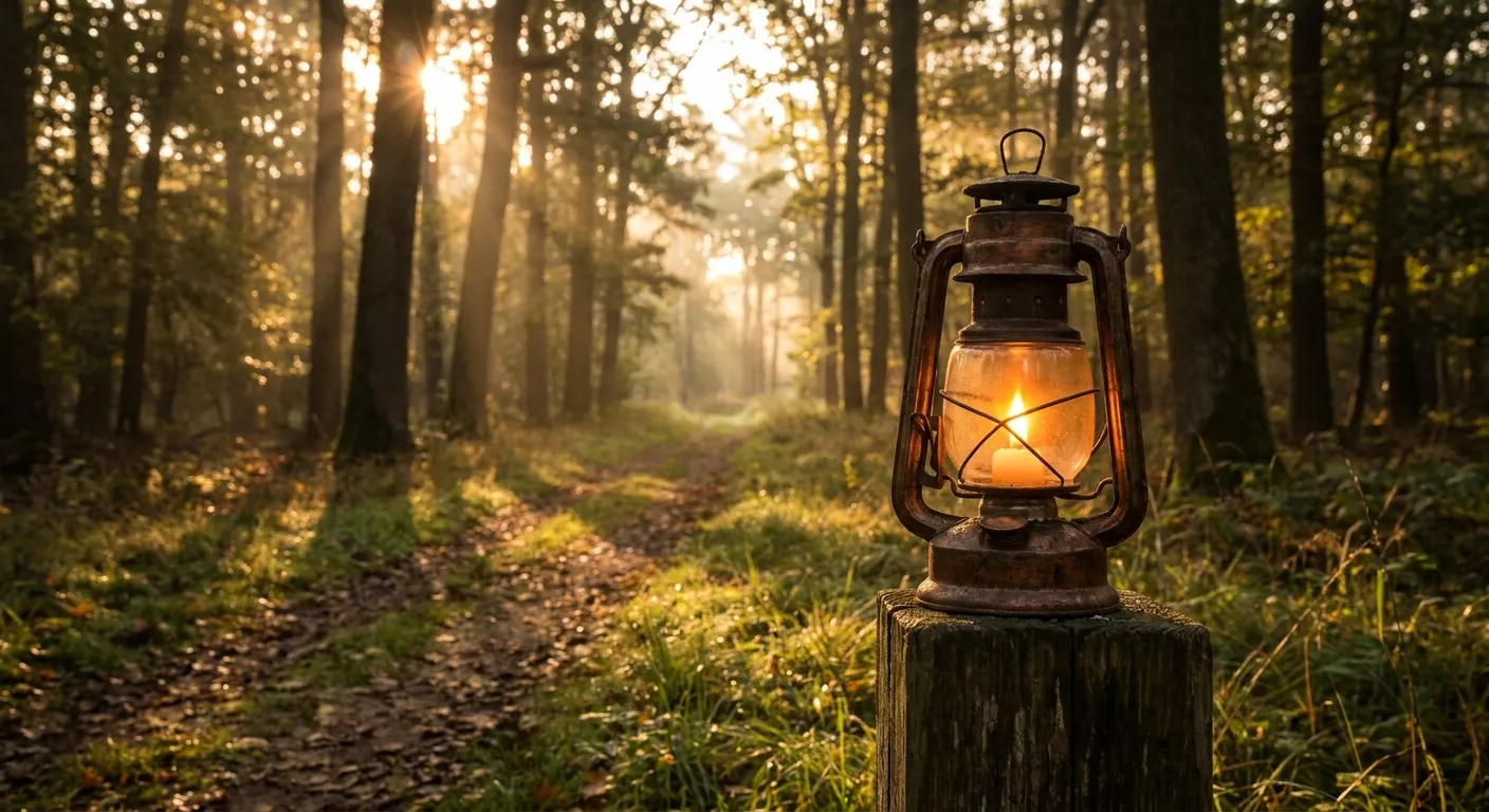 Lantern in sunlit forest path, symbolizing RockN' Socials Digital Marketing Agency.