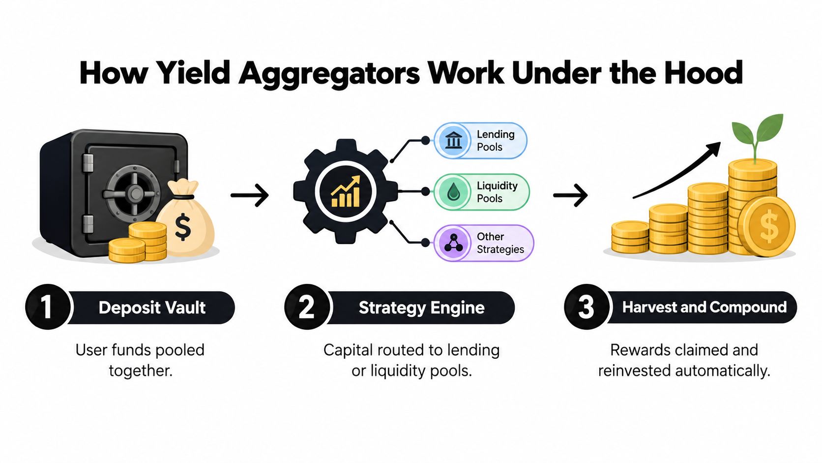 A diagram illustrating how crypto yield aggregators work by pooling, strategizing, and automatically compounding user funds.