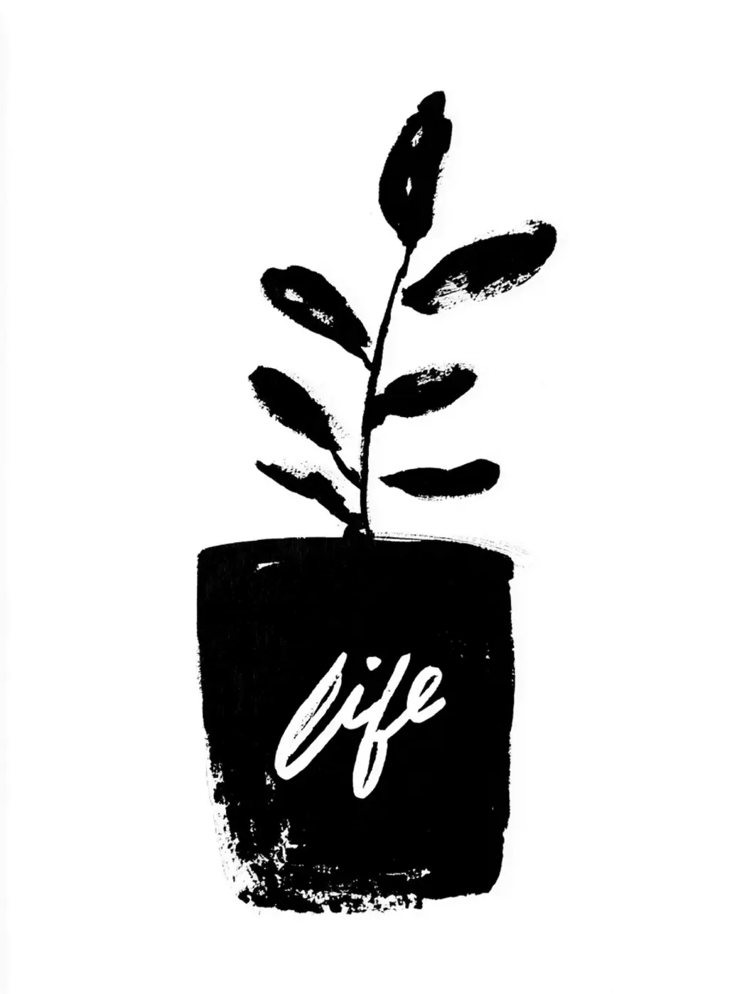 Black illustration of a potted plant labeled life