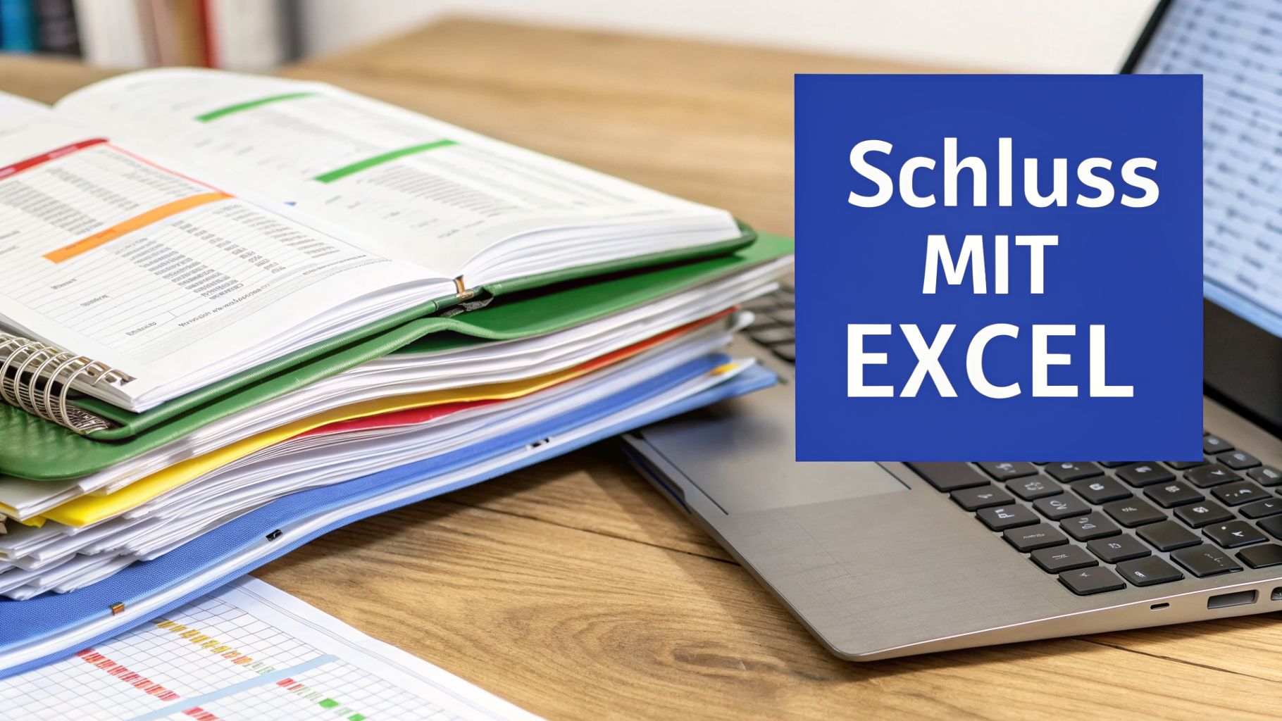 Ein Stapel von Ordnern und Dokumenten auf einem Holztisch mit einem Laptop und dem Text 'Schluss MIT EXCEL'.