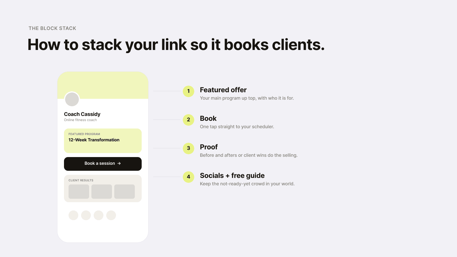 The block stack: featured offer, book, proof, socials