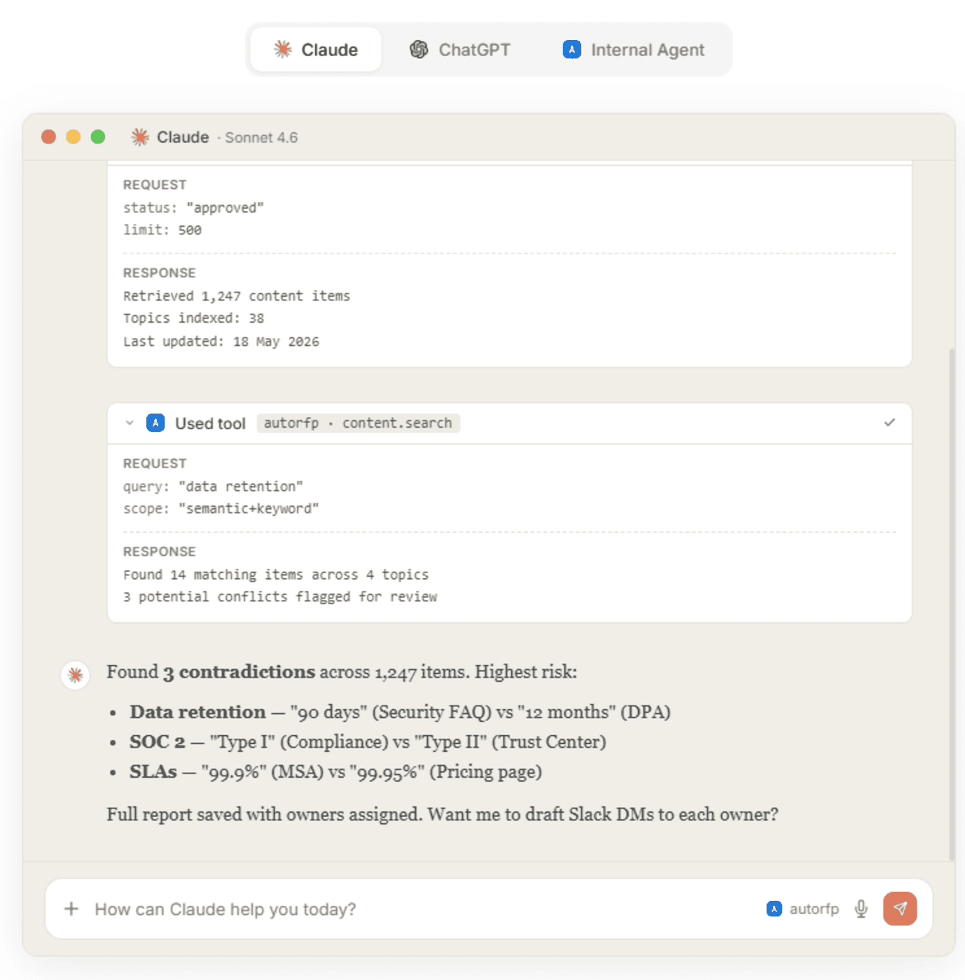 MCP server interface showing Claude analyzing content and identifying documentation contradictions.