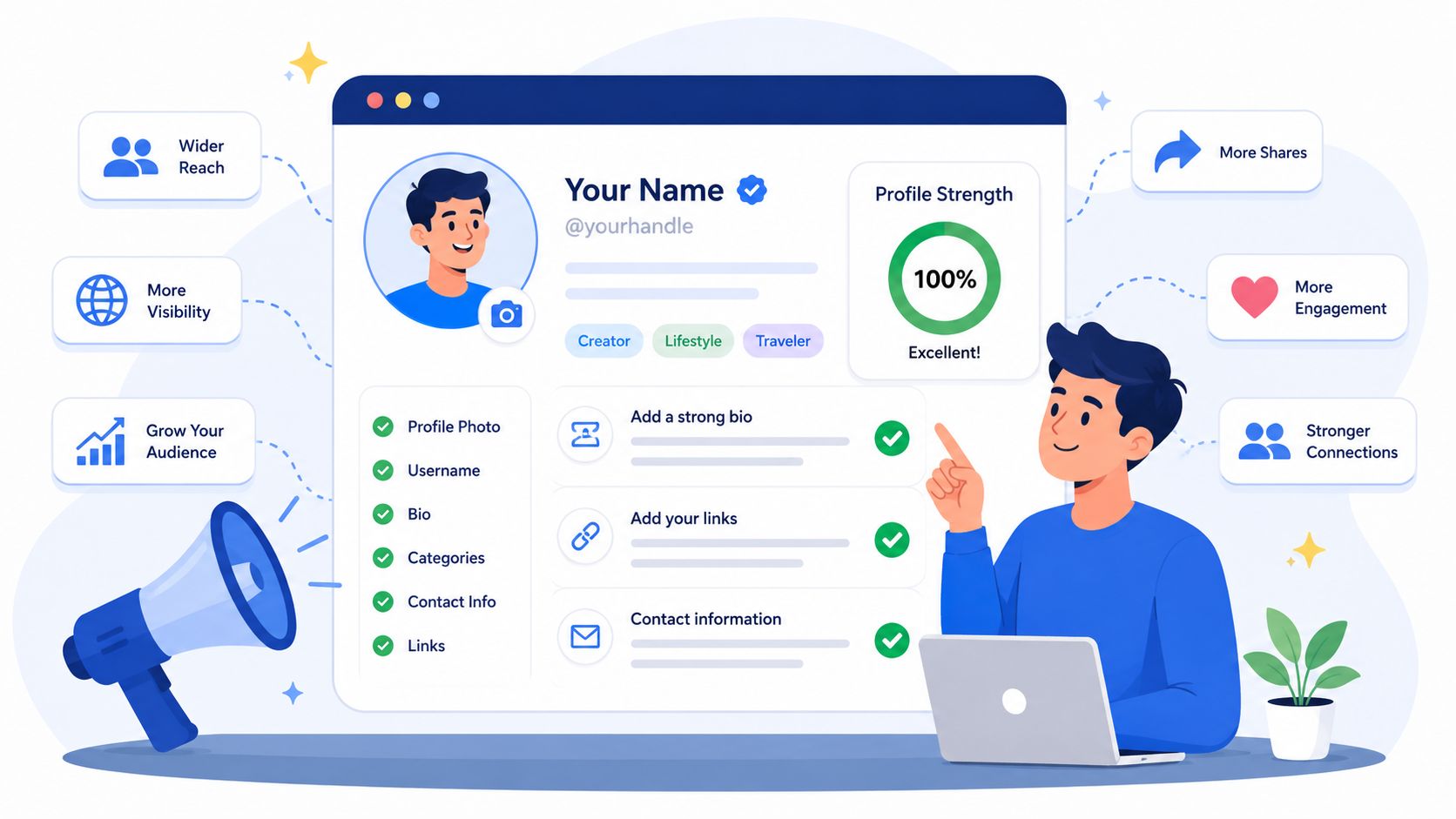 A digital illustration showing a man optimizing his social media profile for better visibility and increased engagement.